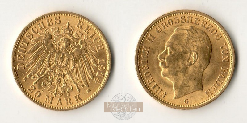 Baden, Königreich 20 Mark MM-Frankfurt Feingold: 7,17g Friedrich II. 1907-1918 1914 G 