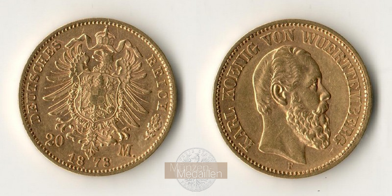 Dt. Kaiserreich Württemberg, Karl I MM-Frankfurt KM#622 Feingold: 7,17g 20 Mark (1872-1873) 1873 F 