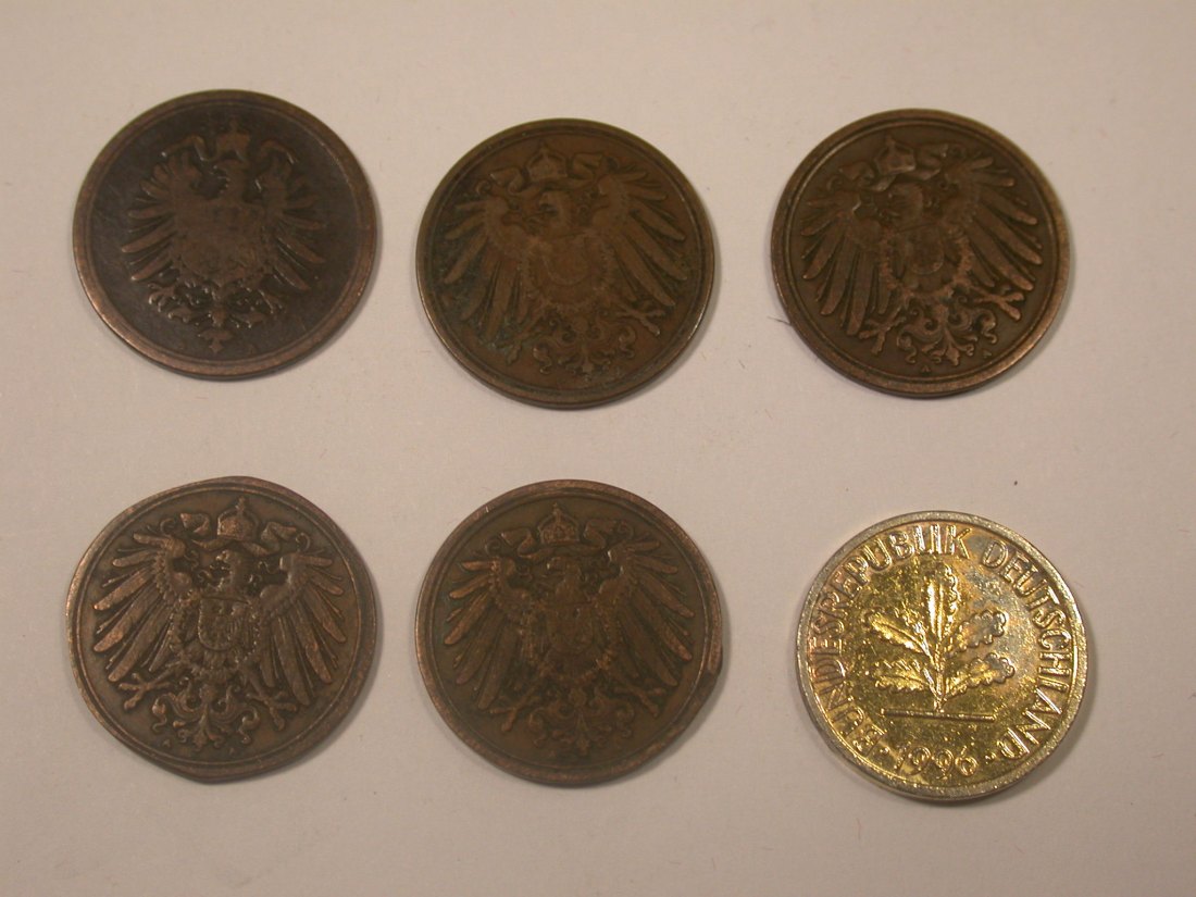  Pfennig ab 1876 5 Stück + 1 vergoldener    Originalbilder   
