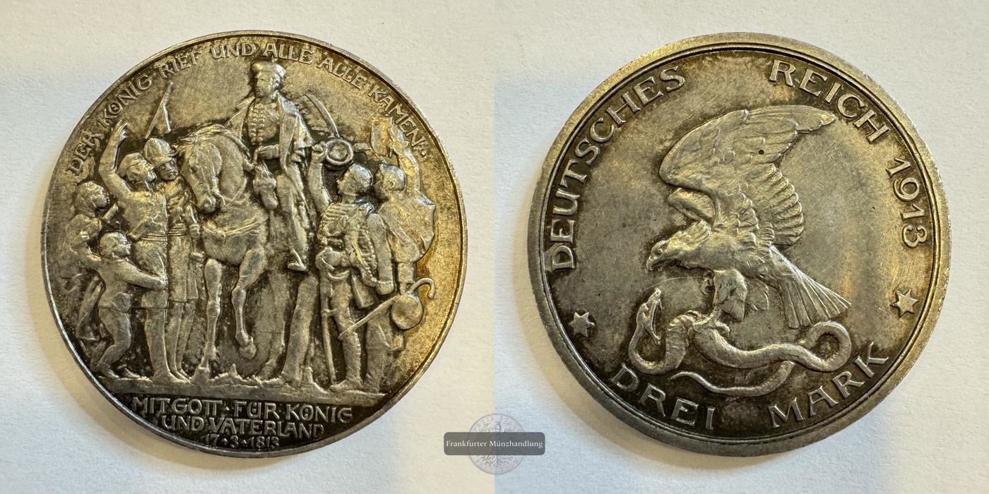  Dt. Kaiserreich Preussen, Wilhelm II. 3 Mark 1913  FM-Frankfurt KM#534 Feinsilber: 15g   
