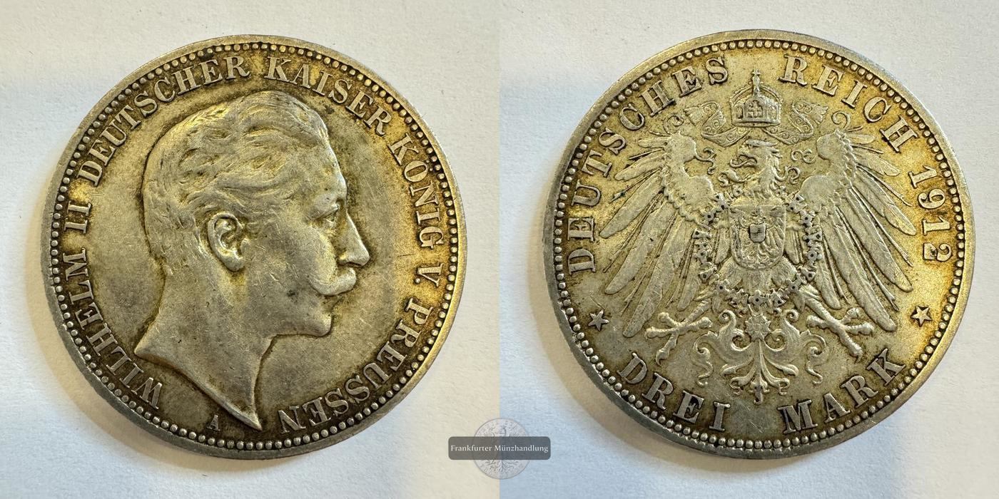  Dt. Kaiserreich Preussen 3 Mark 1912 A Wilhelm II FM-Frankfurt KM#527 Feinsilber: 15g   