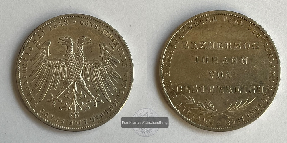  Freie Reichsstadt Frankfurt 2 Gulden Erzherzog Johann 1848 FM-Frankfurt Feinsilber: 19,1g   