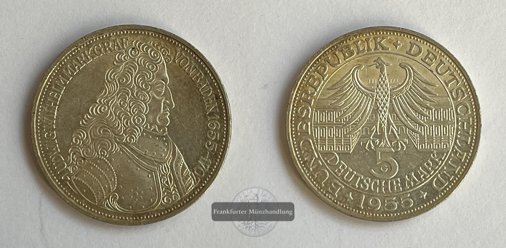  Deutschland 5 Deutsche Mark 1955 Markgraf von Baden FM-Frankfurt Feinsilber: 7g   
