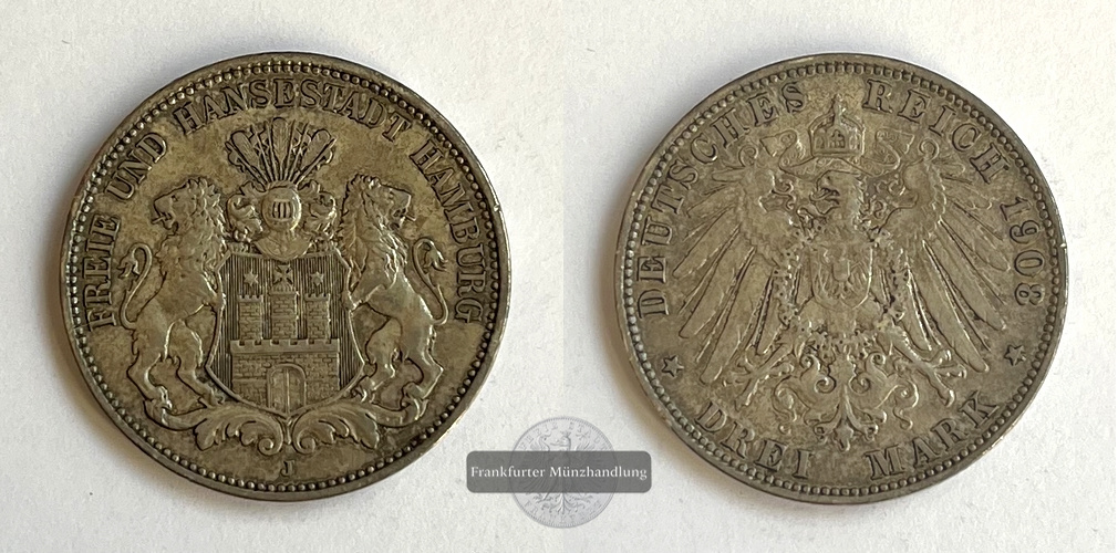  Dt. Kaiserreich Hansestadt Hamburg 3 Mark 1908 J FM-Frankfurt KM#620 Feinsilber: 15g   