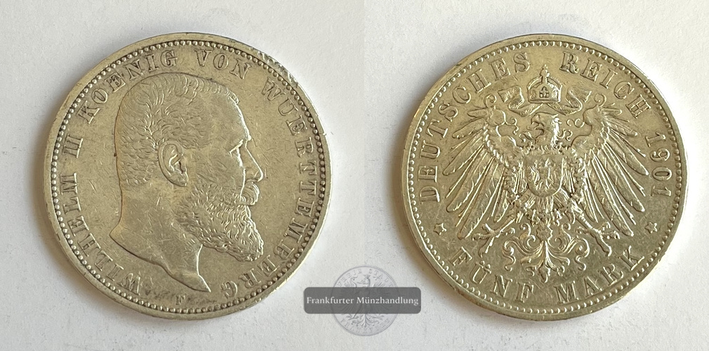  DR. Württemberg 5 Mark William II 1901 (1892-1913) 'F' FM-Frankfurt KM#632 Feinsilber: 25g   