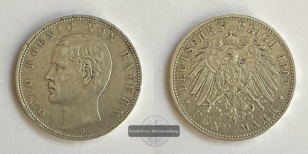  Deutsches Kaiserreich Bayern  5 Mark  1902 D  FM-Frankfurt Feinsilber: 25g   