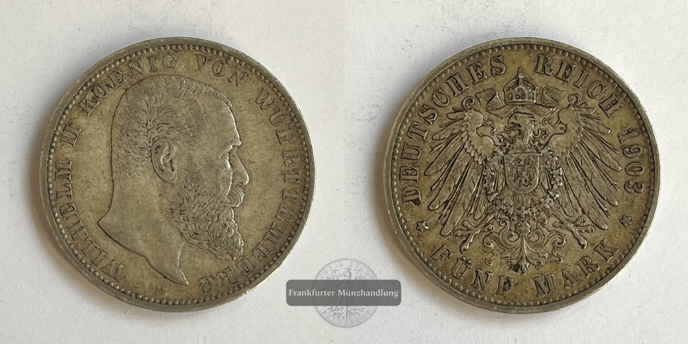  DR. Württemberg 5 Mark William II 1903 (1892-1913) 'F' FM-Frankfurt KM#632 Feinsilber: 25g   