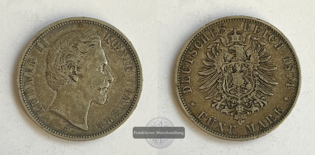  Deutsches Kaiserreich Bayern, Ludwig II.  5 Mark  1874 D   FM-Frankfurt Feinsilber: 25g   
