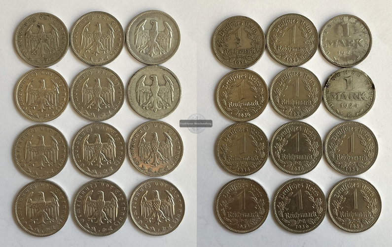  Dt. Kaiserreich 12x 1 Mark Silbermünzen div. Jg. FM-Frankfurt Feinsilber: 51,9g   