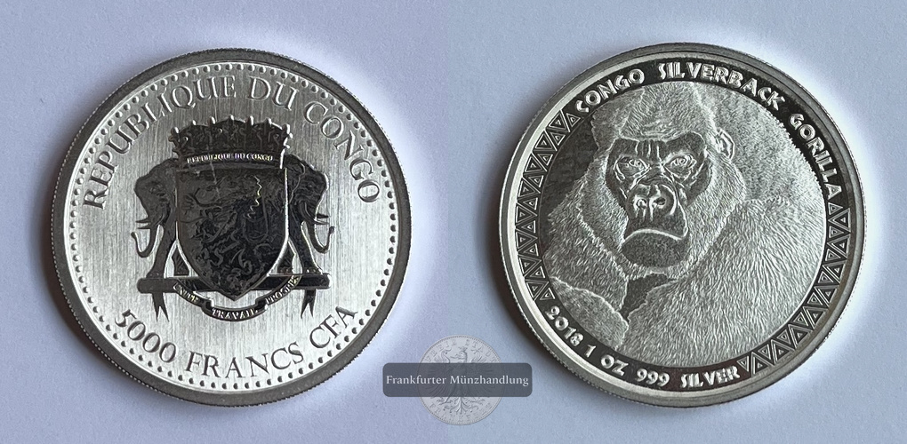 Rep. Kongo 5000 Francs CFA (Congo Silverback Gorilla) 2018 FM-Frankfurt KM#263 Feinsilber: 31,1g   