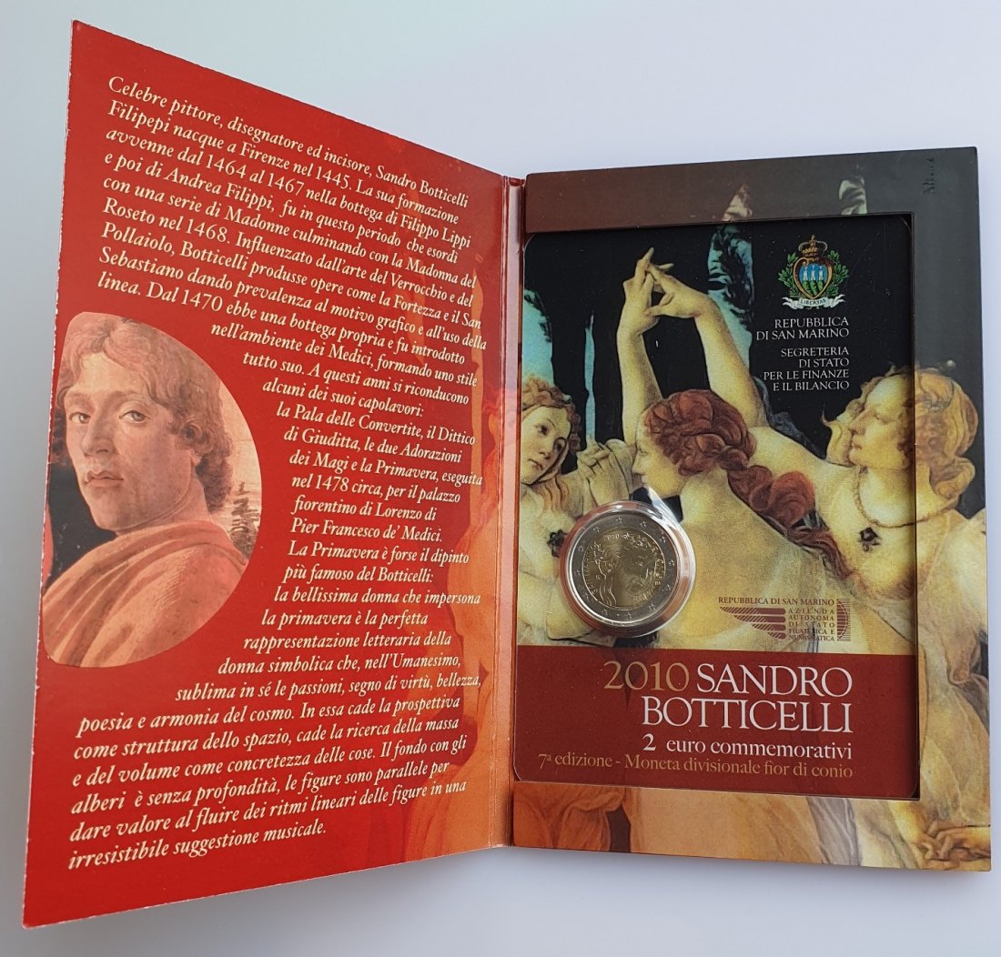  San Marino 2 Euro Gedenkmünze 2010 Sandro Botticelli im Folder   