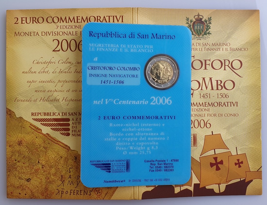  San Marino 2 Euro Gedenkmünze Cristoforo Colombo Kolumbus 2006 im Folder   