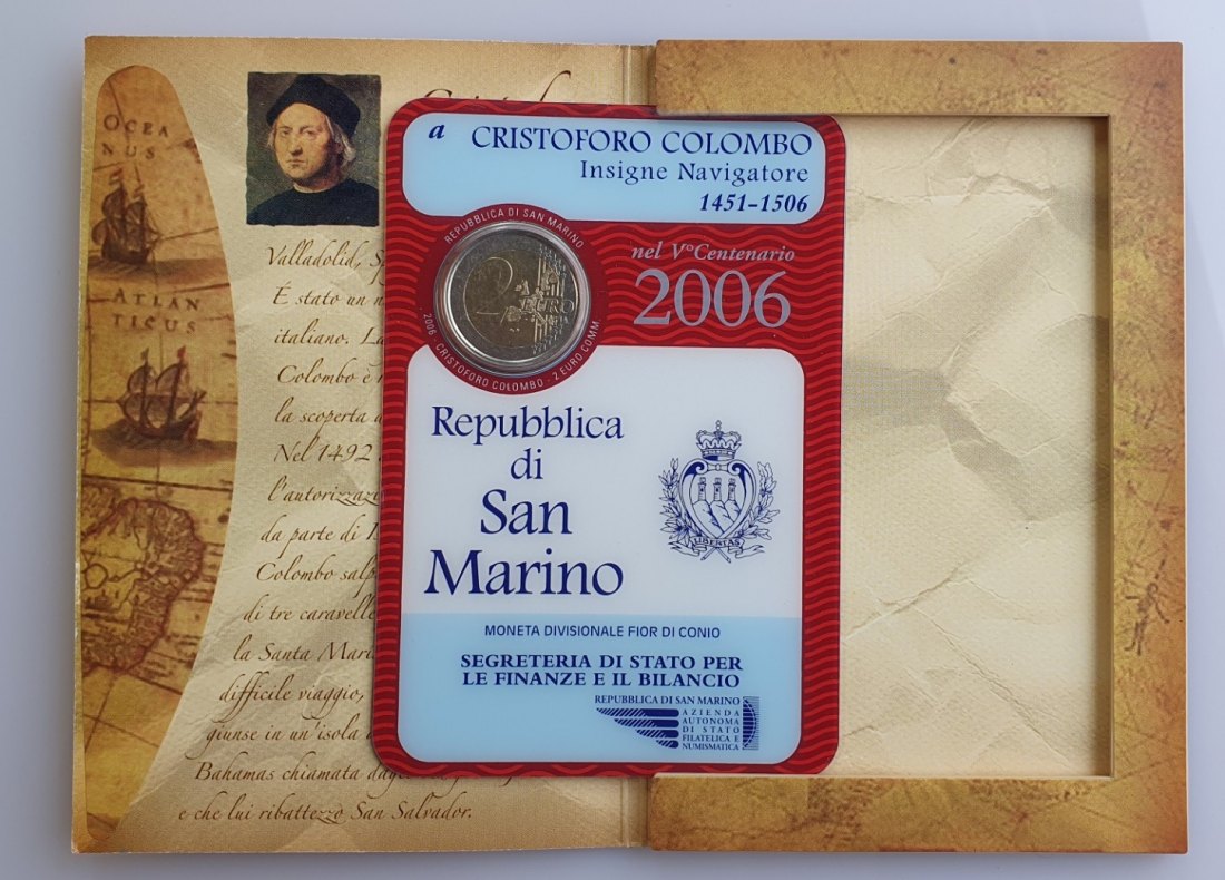  San Marino 2 Euro Gedenkmünze Cristoforo Colombo Kolumbus 2006 im Folder   
