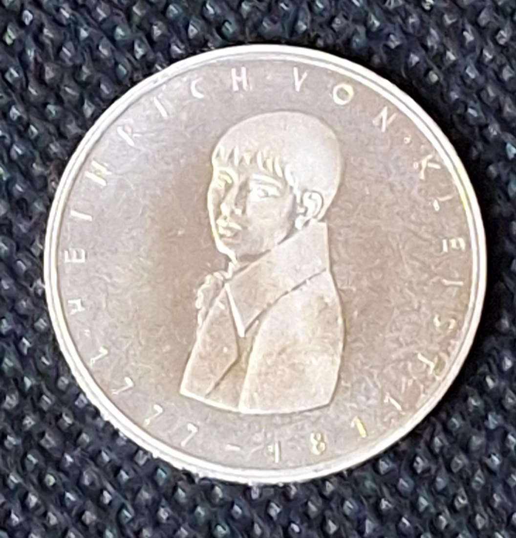  Silber Gedenkmünze BRD: 5 DM 1977 G, Heinrich von Kleist, Feingewicht 7,0 Gramm Silber   