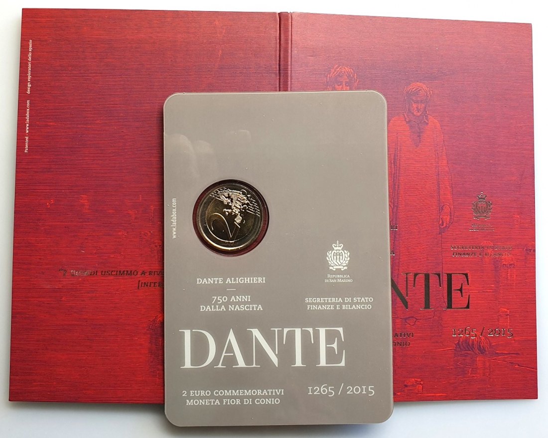  San Marino 2 Euro Gedenkmünze 2015  Dante Alighieri  Original Folder stgl   