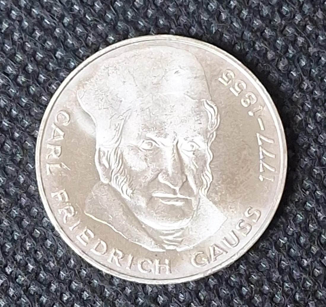  Silber Gedenkmünze BRD: 5 DM 1977 J, Gauss, Feingewicht 7,0 Gramm Silber   