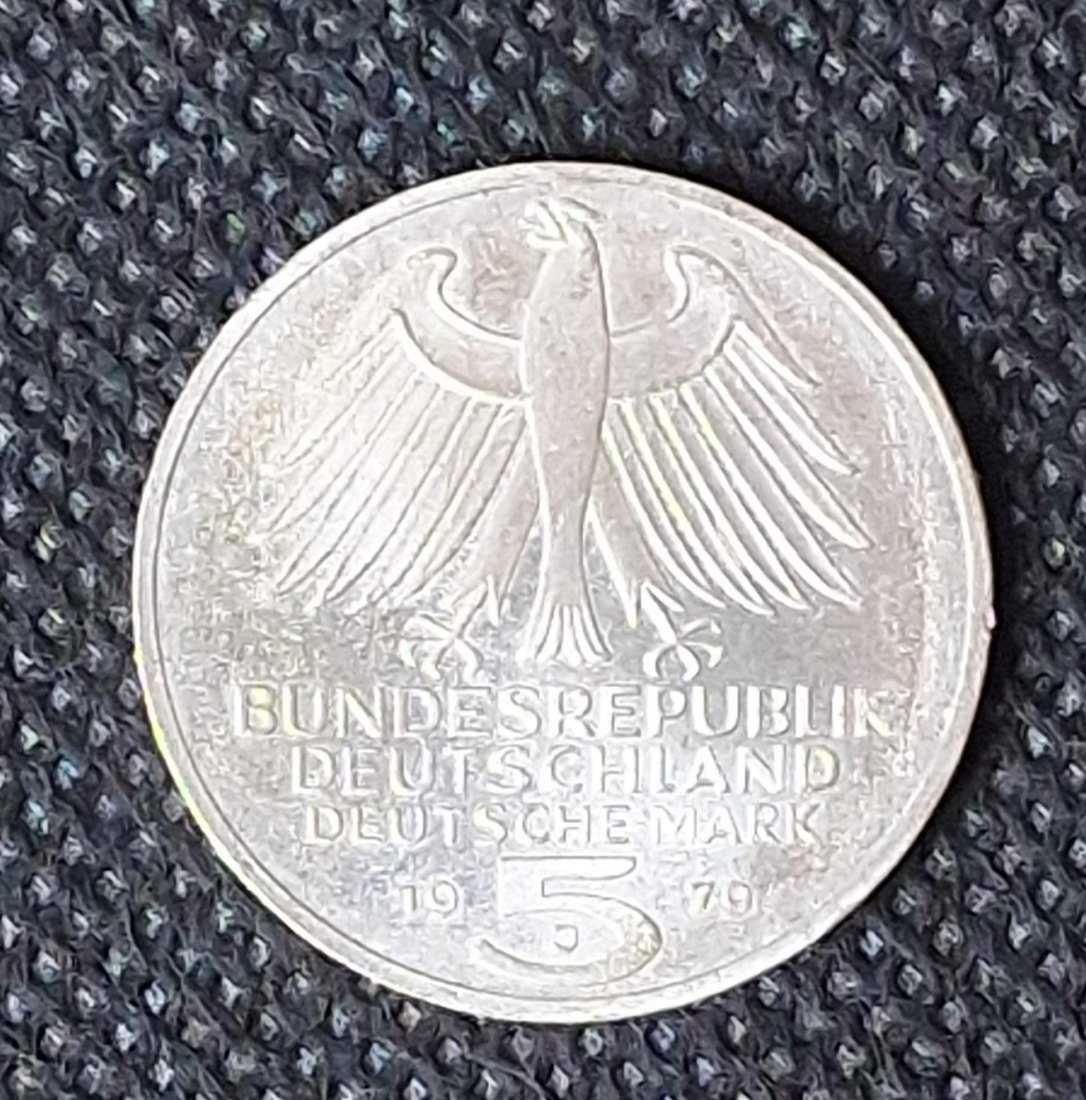  Silber Gedenkmünze BRD: 5 DM 1979 J, Archäologisches Institut, Feingewicht 7,0 Gramm Silber   