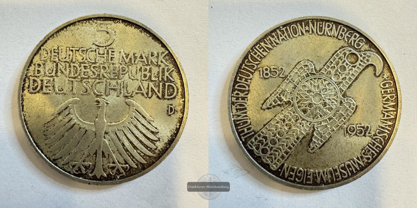  BRD 5 Mark 1952 D Germanisches Museum Nürnberg  KM#113  FM-Frankfurt Feinsilber: 7g   