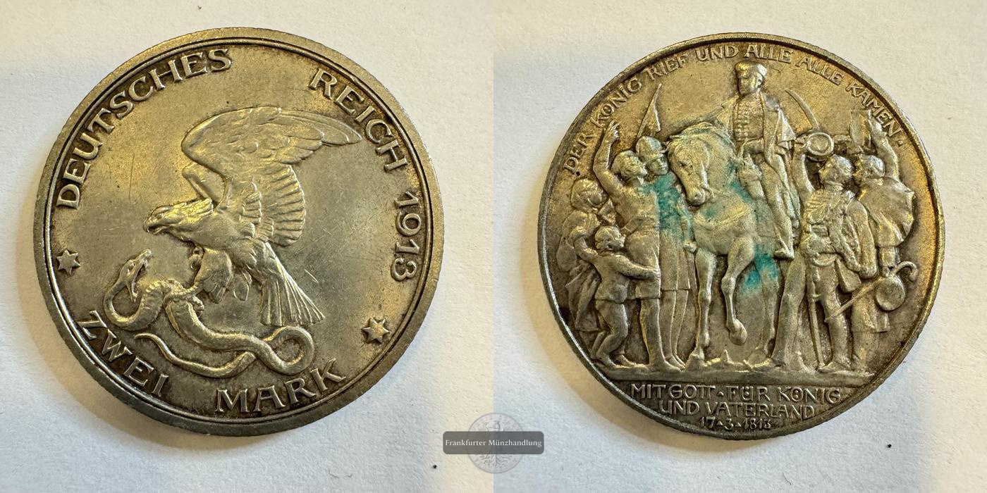  Deutsches Kaiserreich Preussen, Wilhelm II. 2 Mark 1913 Befreiung FM-Frankfurt Feinsilber: 10g   