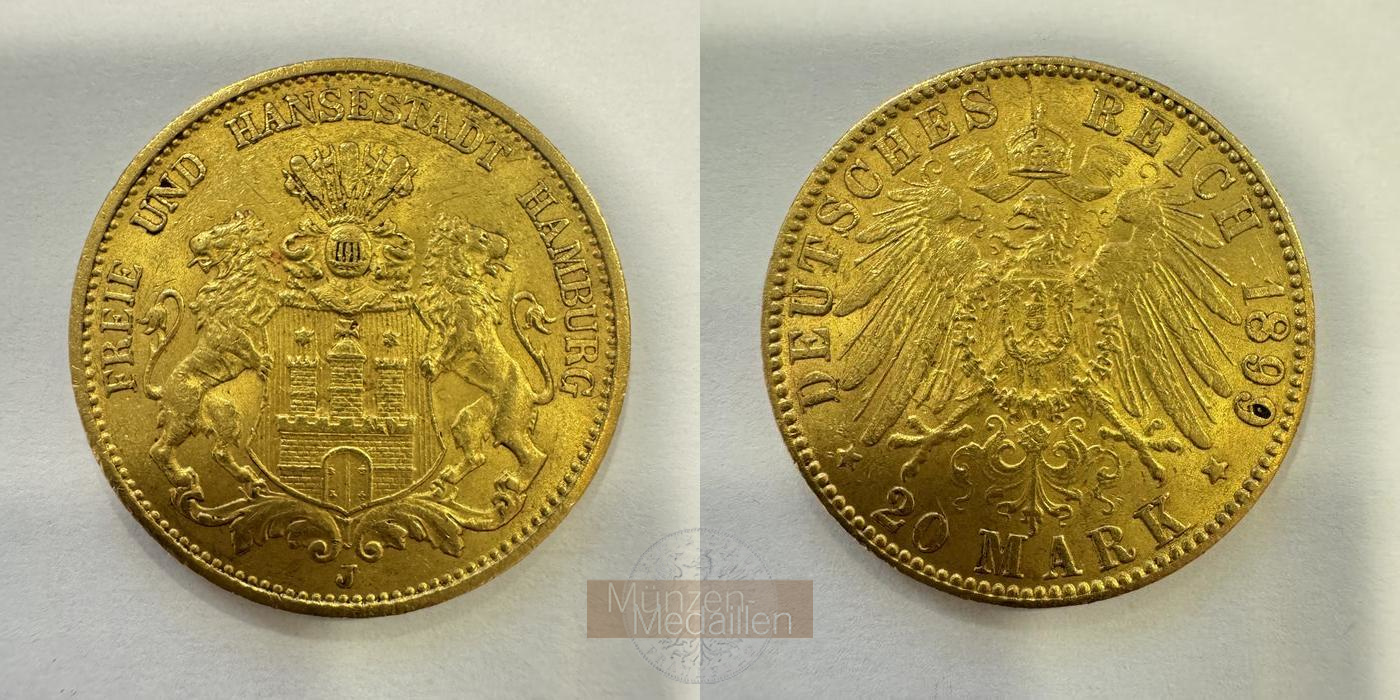 Deutsches Kaiserreich. Hamburg MM-Frankfurt KM#618 Feingold: 7,17g 20 Mark (1893-1913) 1899 J 