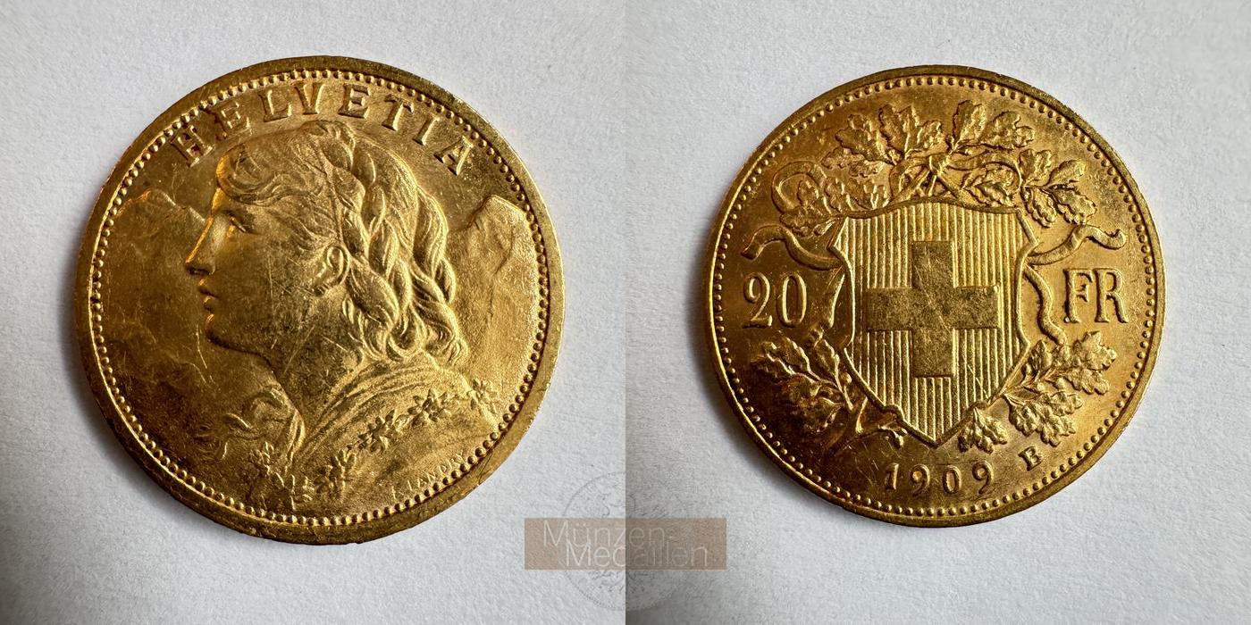  Schweiz 20 Francs Vreneli 1909 B (1897-1935) MM-Frankfurt KM#35.1 Feingold: 5,805g   