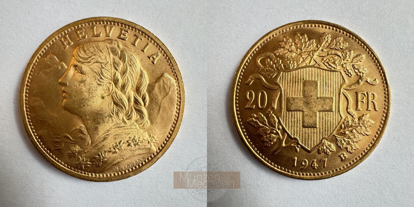 Schweiz  20 Francs MM-Frankfurt KM#35.2  Feingold: 5,81g Vreneli 1947 B 