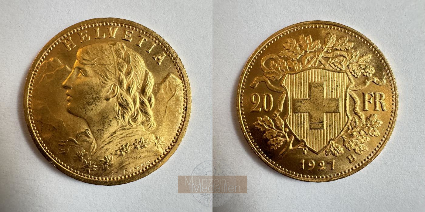  Schweiz 20 Francs Vreneli 1927 B (1897-1935) MM-Frankfurt KM#35.1 Feingold: 5,805g   