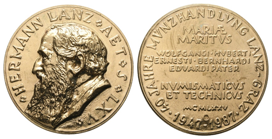  Graz, 40 Jahre Münzhandlung Lanz; vergoldete Medaille 1987; 43,68 g; Ø 41,8 mm   