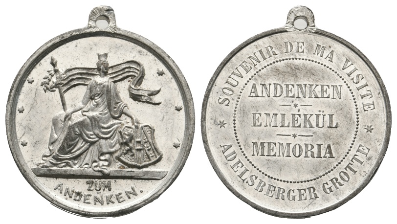  Adelsberger Grotte, Andenkenmedaille o.J.; Zinn, tragbar, 9,53 g, Ø 32,4 mm   