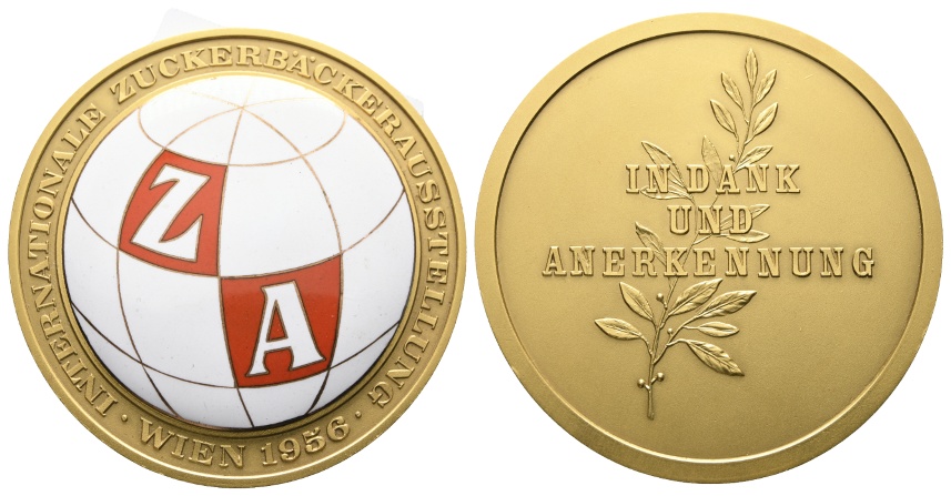  Wien 1956 - Internationale Zuckerbäckeraussstellung; vergoldete Bronzemedaille; 123,42 g, Ø 70,4 mm   