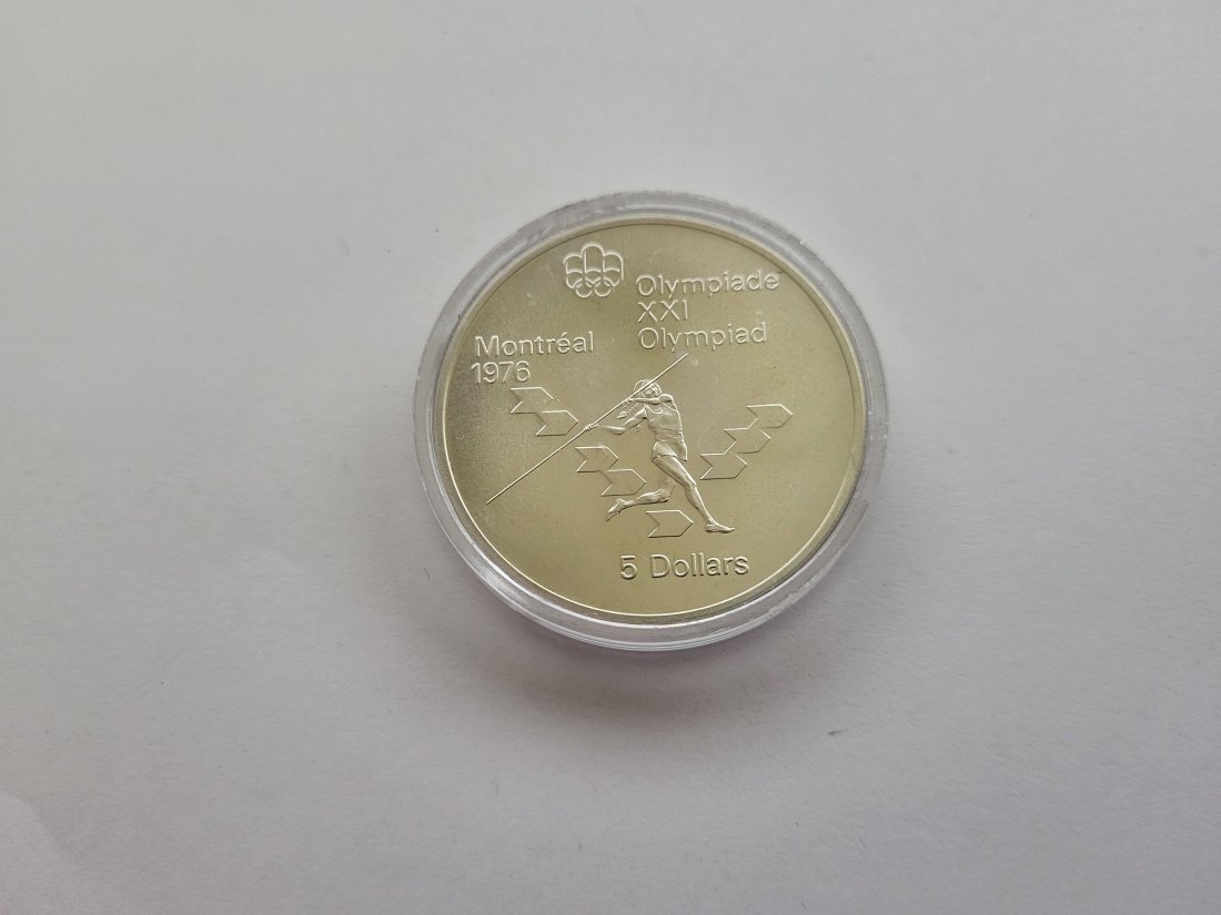  5 Dollar 1975 Montreal 1976 Olympia Speerwurf 925/22,48g fein Canada Kanada Spittalgold9800 (4674)   