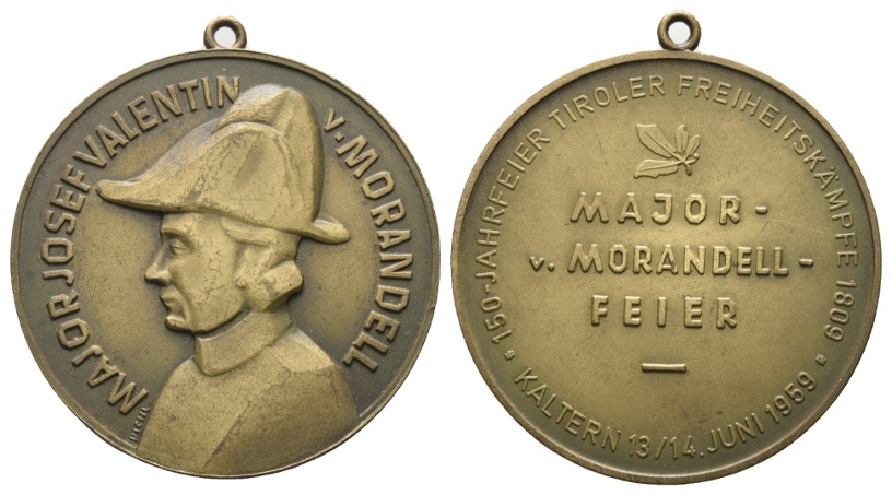  Tirol - 150.Jahrfeier Tiroler Freitheitskämpfer; Bronzemedaille 1959, gehenkelt, 46,73 g, Ø 50,5 mm   