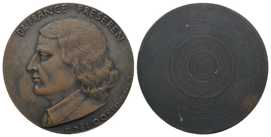  Dr. France Preseren; Bronzemedaille 1849; einseitig, 43,99 g, Ø 47 mm   