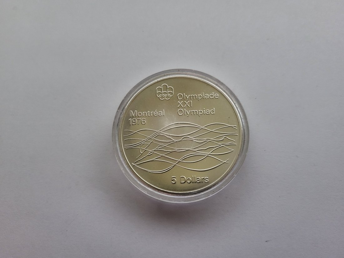  5 Dollar 1975 Montreal 1976 Olympia Schwimmen 925/22,48g fein Canada Kanada Spittalgold9800 (4674)   