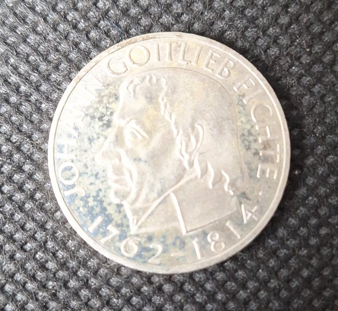  Silber Gedenkmünze BRD: 5 DM 1964 J, Johann Gottlieb Fichte, vz-st, Feingewicht 7,0 Gramm Silber   