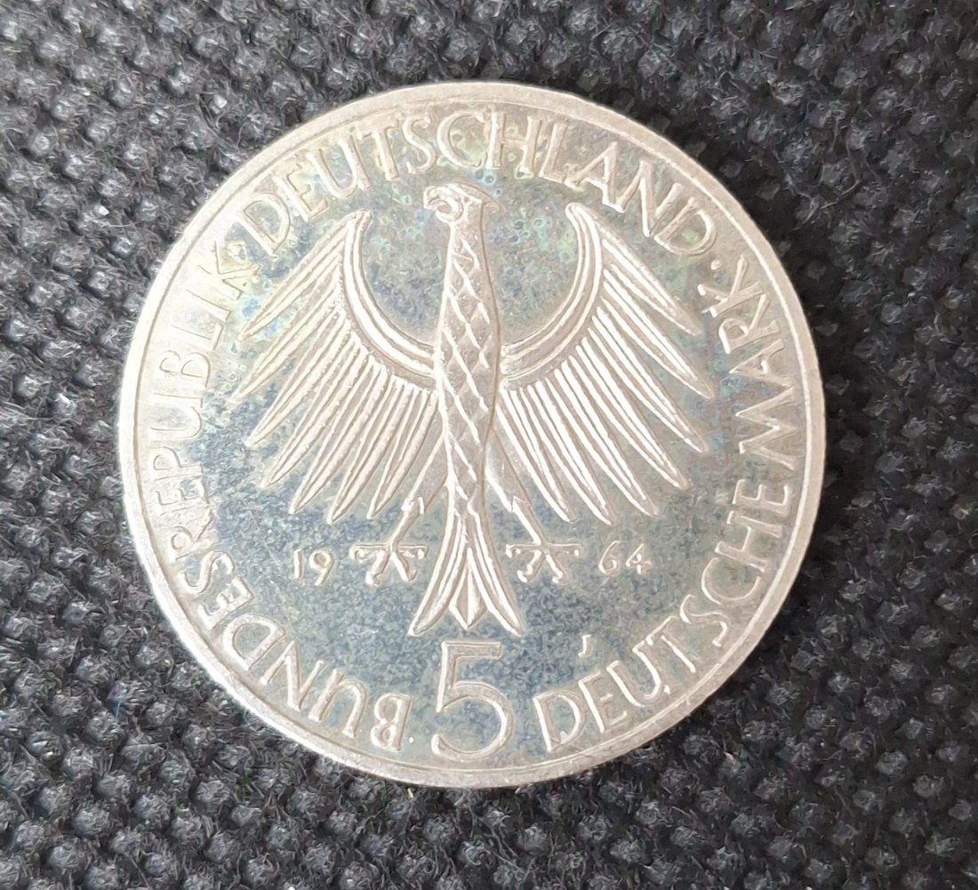  Silber Gedenkmünze BRD: 5 DM 1964 J, Johann Gottlieb Fichte, vz-st, Feingewicht 7,0 Gramm Silber   