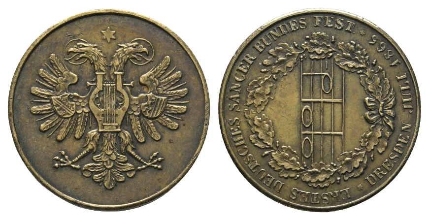  Dresden Juli 1865, Erstes Detusches Sänger Bundes Fest; Bronzemedaille; 4,68 g, Ø 23,4 mm   
