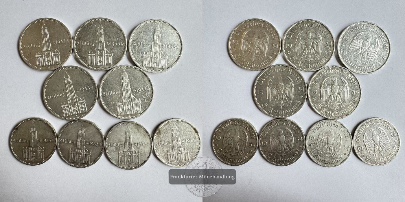  Dt.Drittes Reich 5x 5 & 4x 2 Reichsmark 1934 Potsdam Garrison Church FM-Frankfurt Feinsilber: 82,5g   