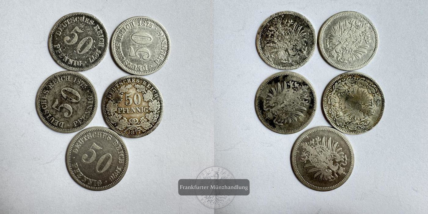  Dt. Reich 5x 50 Pfennig 1875-77 2 div. Typen FM-Frankfurt Feinsilber: 12,5g   
