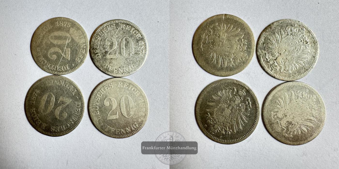  Dt. Reich 4x 20 Pfennigs 1874/75 FM-Frankfurt Feinsilber: 3,447g   
