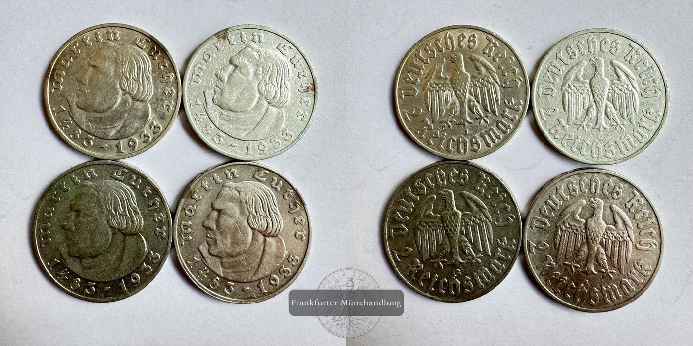  Dt. Drittes Reich 4x 2 Reichsmark 1933 A,J,E,G Martin Luther FM-Frankfurt Feinsilber: 20g   