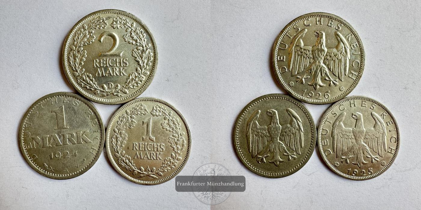  Dt. Reich 3x div. Mark 1924-26 FM-Frankfurt Feinsilber: 10g   
