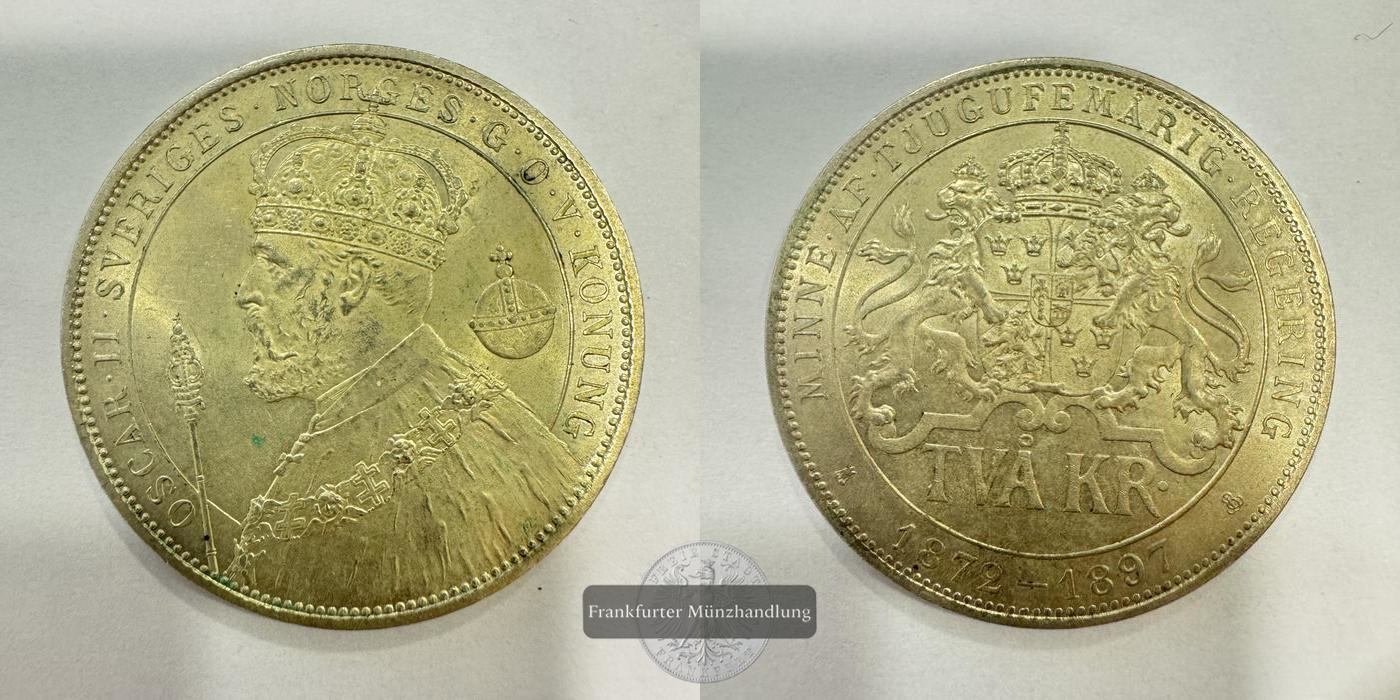  Schweden 2 Kronor Oscar II (Silver jubilee) 1897 FM-Frankfurt Feinsilber: 12g   