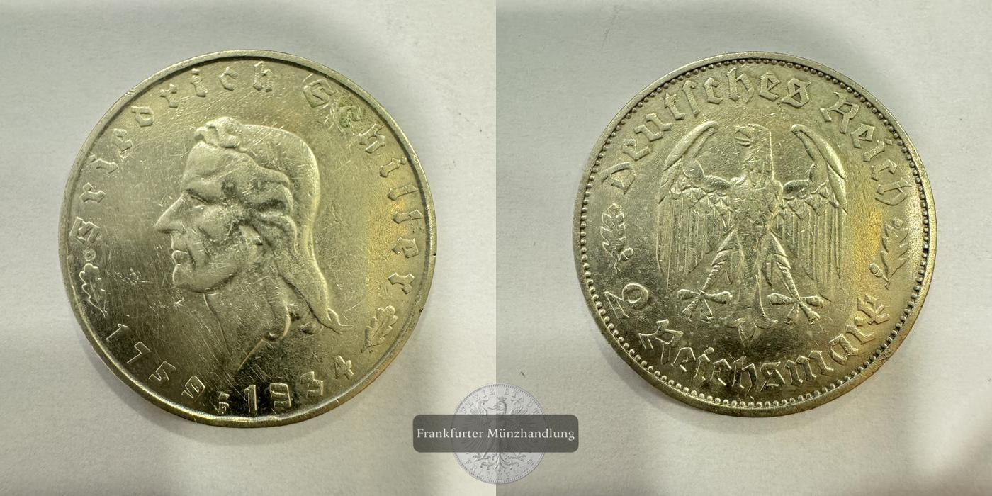  Dt. Reich 5 Reichsmark (Friedrich Schiller) 1934 FM-Frankfurt KM#85 Feinsilber: 12,5g   