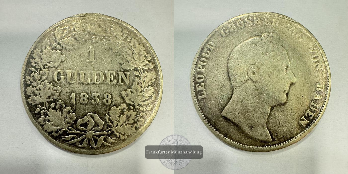 Altdeutschland Baden, 1 Gulden Leopold I 1838 FM-Frankfurt Feinsilber: 9,18g   