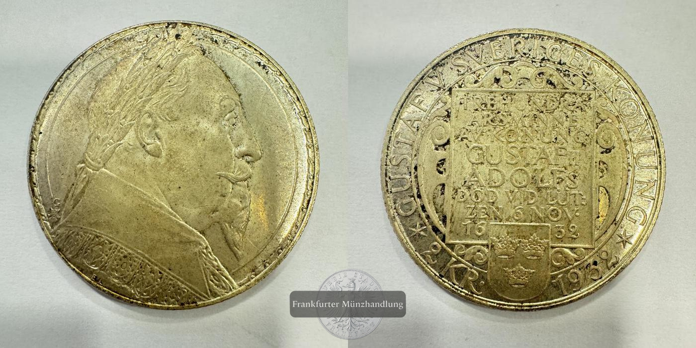  Schweden 2 Kronor Gustaf V (Death of Gustaf II Adolf) 1932 FM-Frankfurt Feinsilber: 12g   
