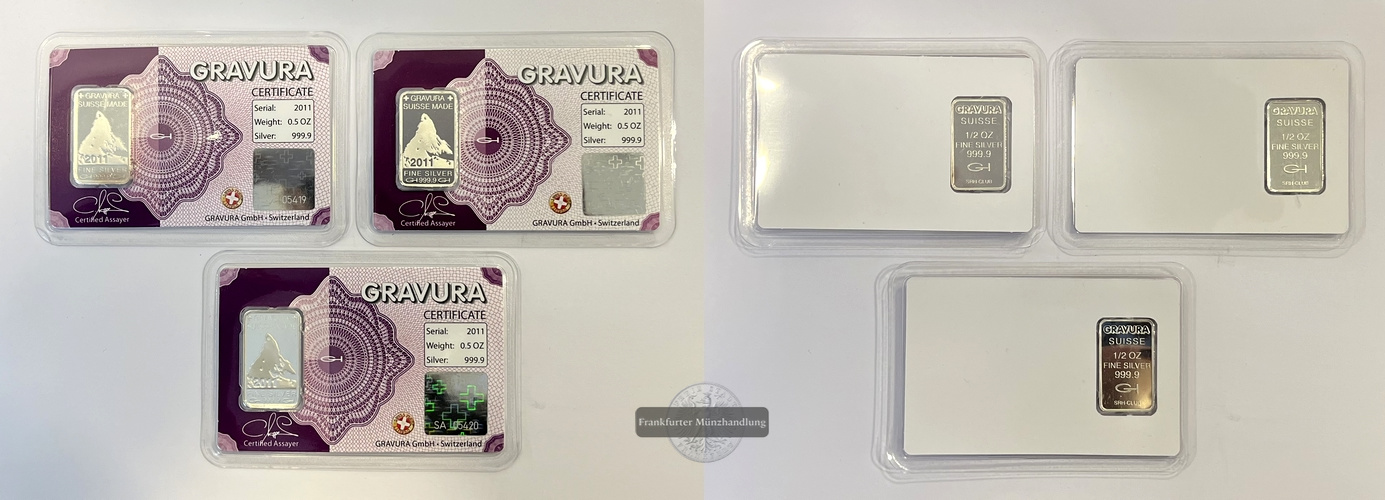  Schweiz Gravura Silberbarren 3x 1/2 Unze FM-Frankfurt Feinsilber: 46,5g   