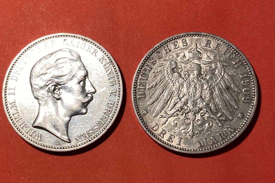  2 x 3 RM , Hamurg 1909 und Kaiser Wilhelm II 1910,   