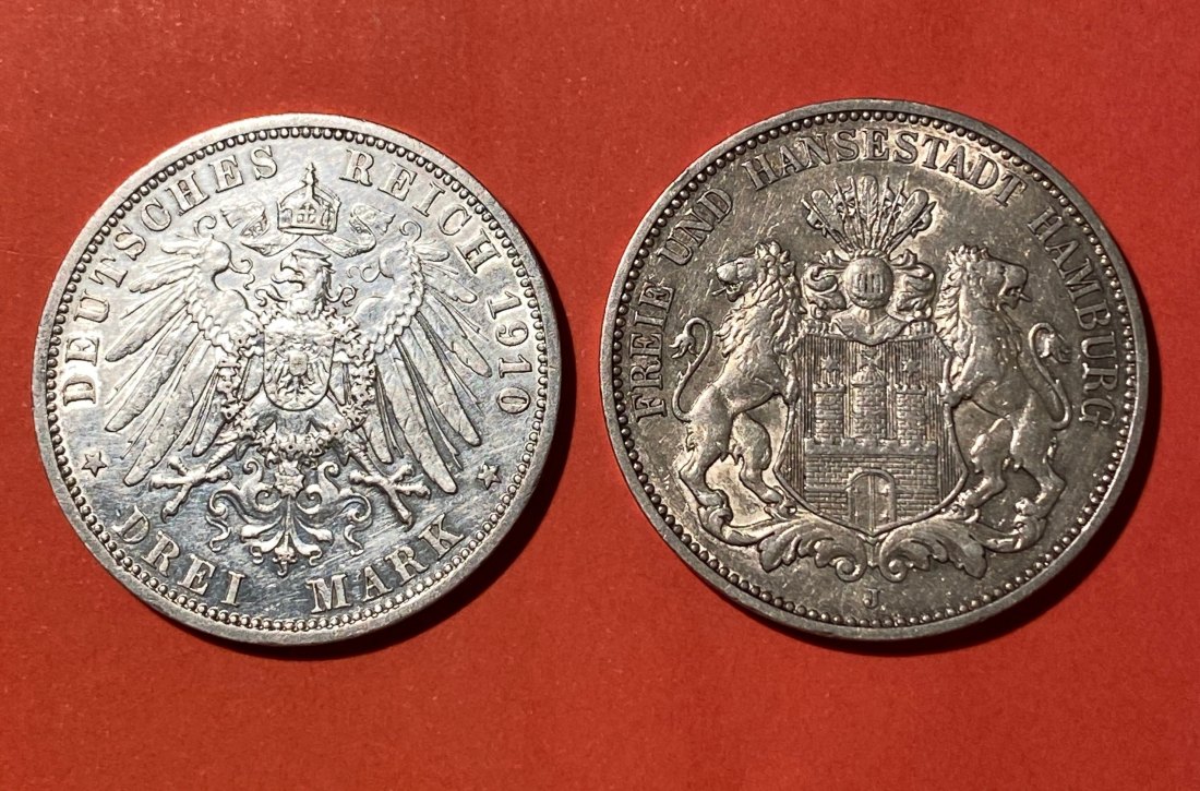  2 x 3 RM , Hamurg 1909 und Kaiser Wilhelm II 1910,   