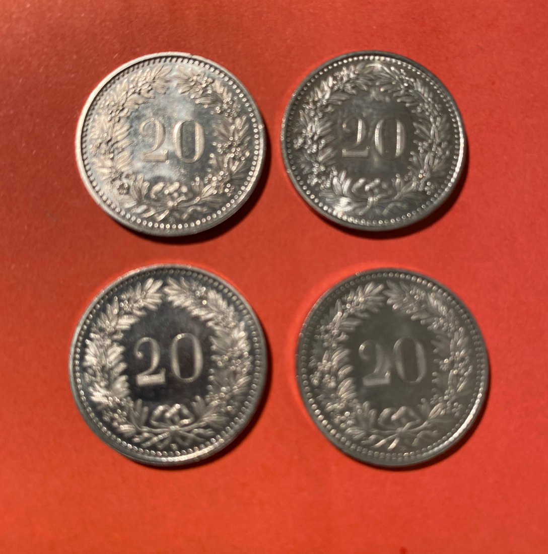  Schweiz, 4 x 20 Rappen stgl. 1992,1993   